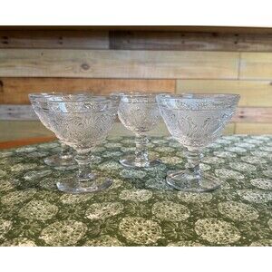 4 Duncan Miller Sandwich Clear Ice Cream Dishes Set Vintage Scroll Etch MCM Lot